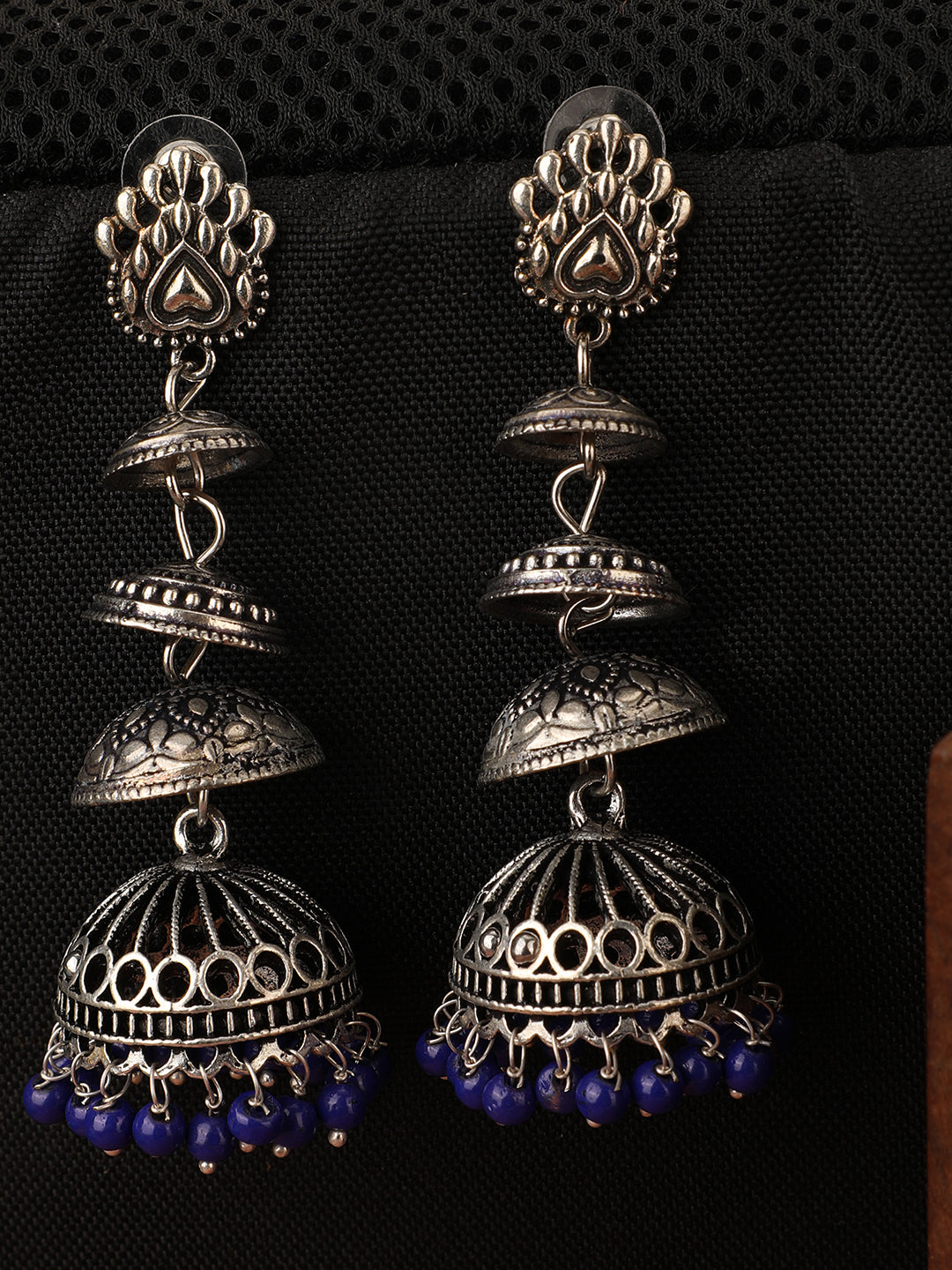 Women's Designer Silver Tone Oxidised Blue Bead Jhumka Earring