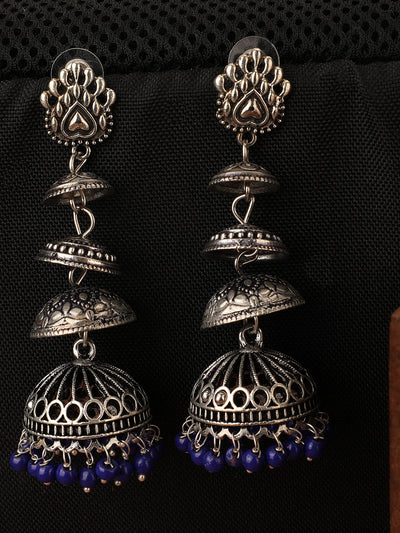 Women's Designer Silver Tone Oxidised Blue Bead Jhumka Earring