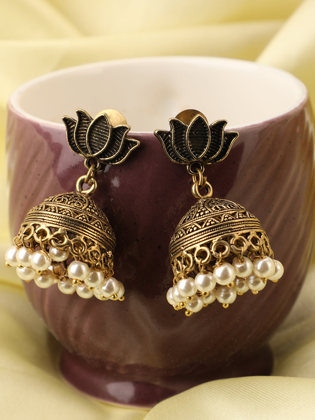 Women's Golden Oxidided Lotus Shape Pearl Jhumka Earring