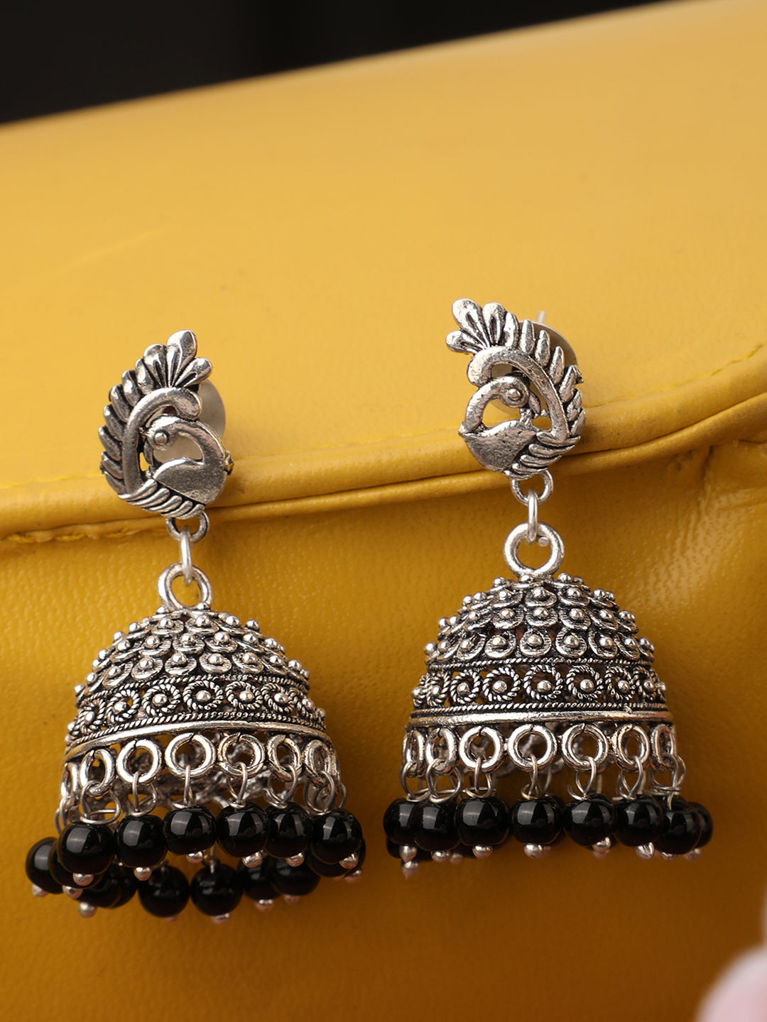 Women's Oxidised Silver Stylish Peacock Shaped Black Pearl Jhumka