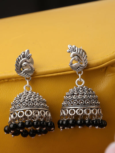 Women's Oxidised Silver Stylish Peacock Shaped Black Pearl Jhumka
