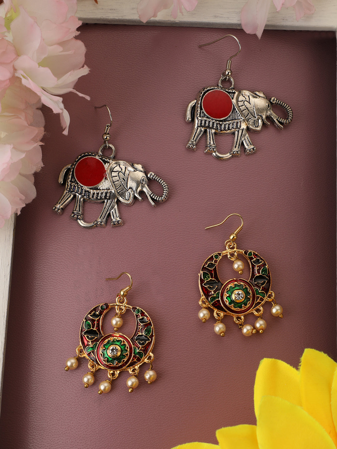 Women's Set Of 2 Oxidised And Brass Western Look Earring