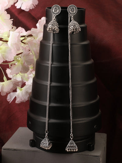Women's Oxidised Silver Traditional Look Jhumka With Ear Chain