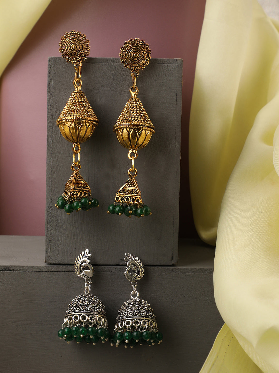 Women's Set Of 2 Oxidised Silver And Gold Plated Pearl Jhumka Earring