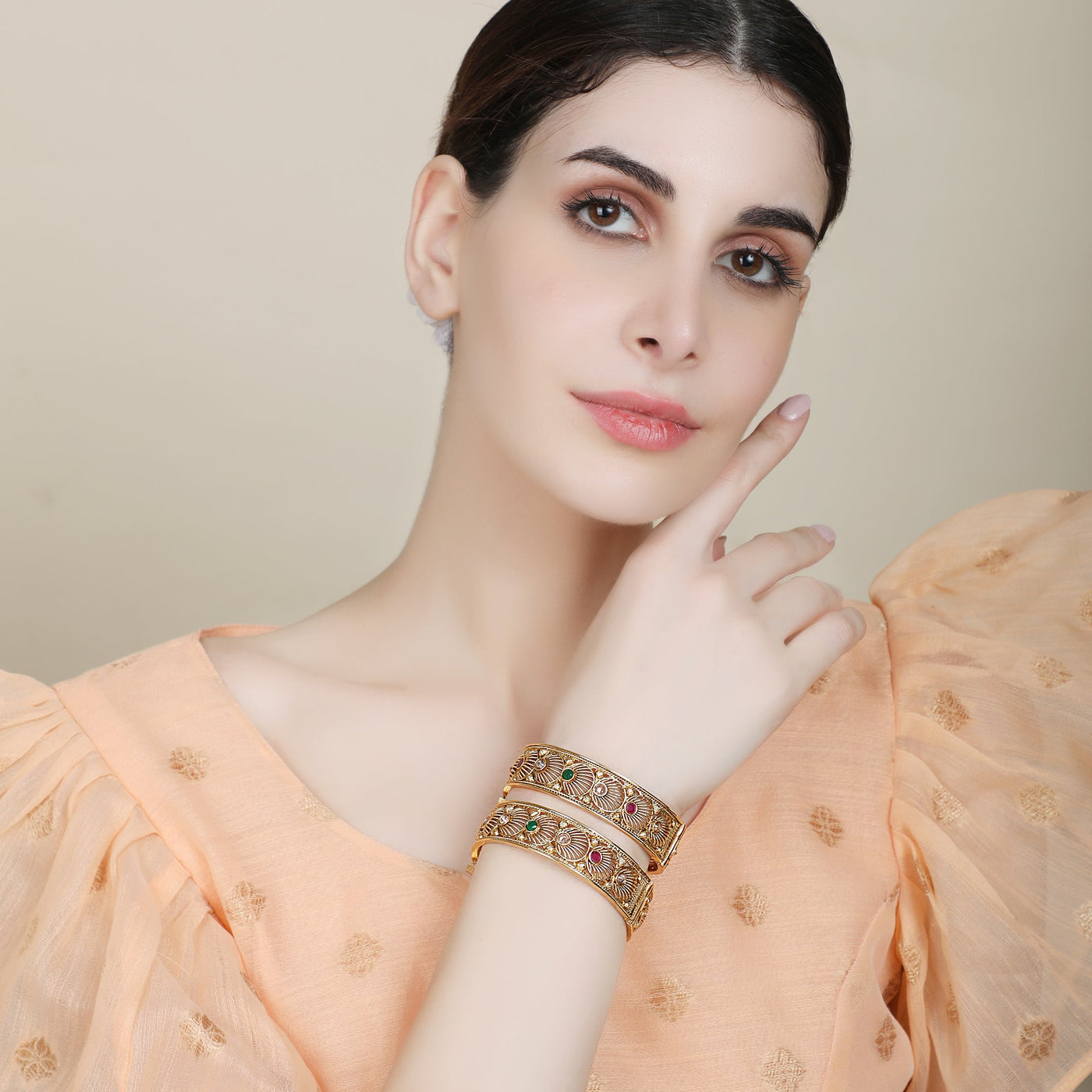 Women's Set Of 2 24K Gold-Plated Red & Green Ruby Stone-Studded Filigree Hand Crafted Bangles