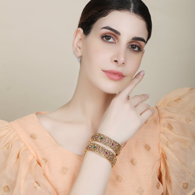 Women's Set Of 2 24K Gold-Plated Red & Green Ruby Stone-Studded Filigree Hand Crafted Bangles