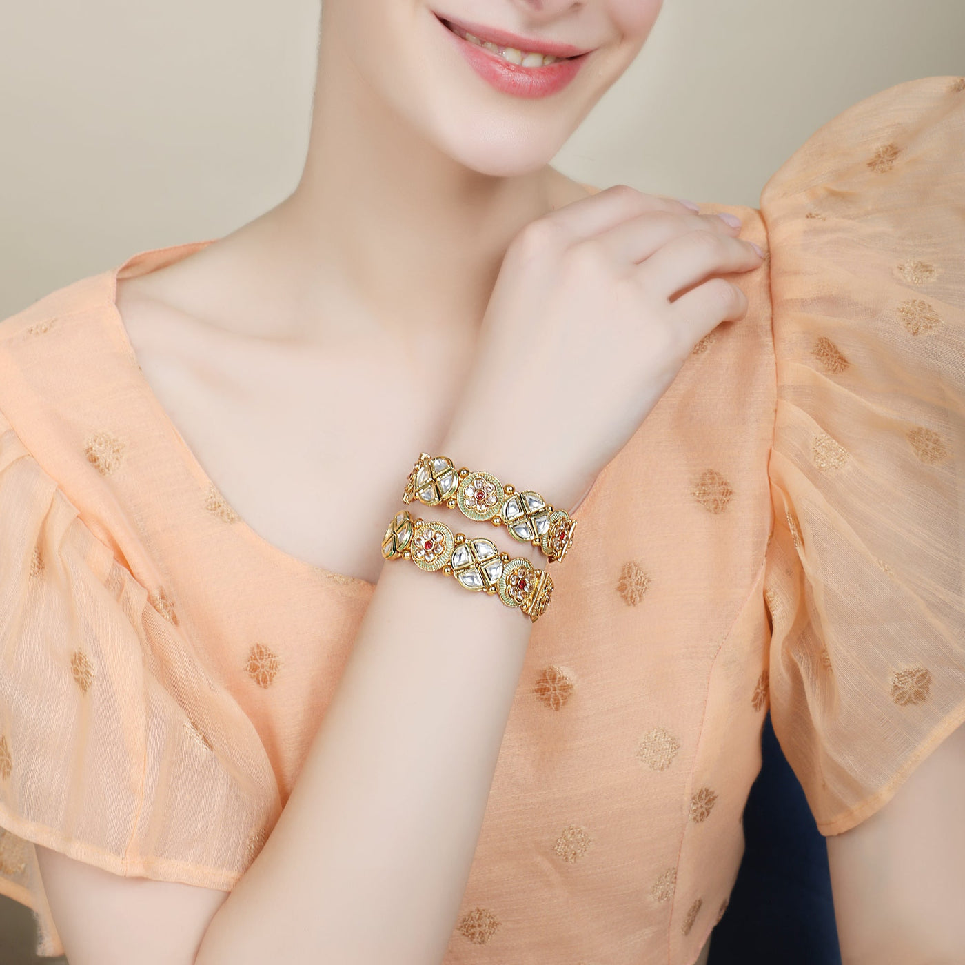 Women's Set Of 2 24K Gold-Plated & White Embellished Designer Bangles