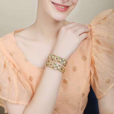 Women's Set Of 2 24K Gold-Plated & White Embellished Designer Bangles