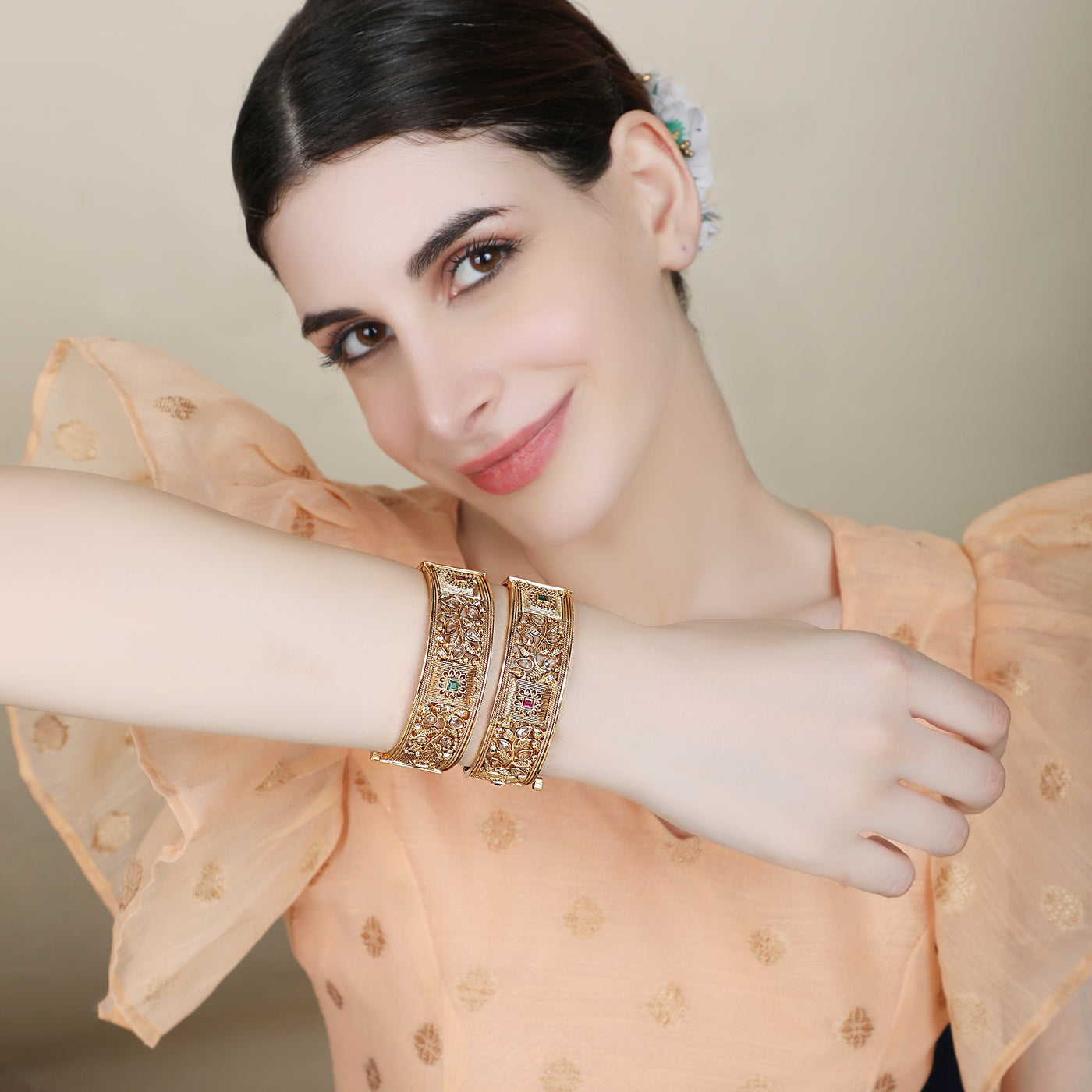 Women's Set Of 2 Gold-Plated Red & Green Stone-Studded Antique Bangles