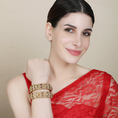 Women's Set Of 2 24 Ct Gold-Plated & Red Stone-Studded Bangles