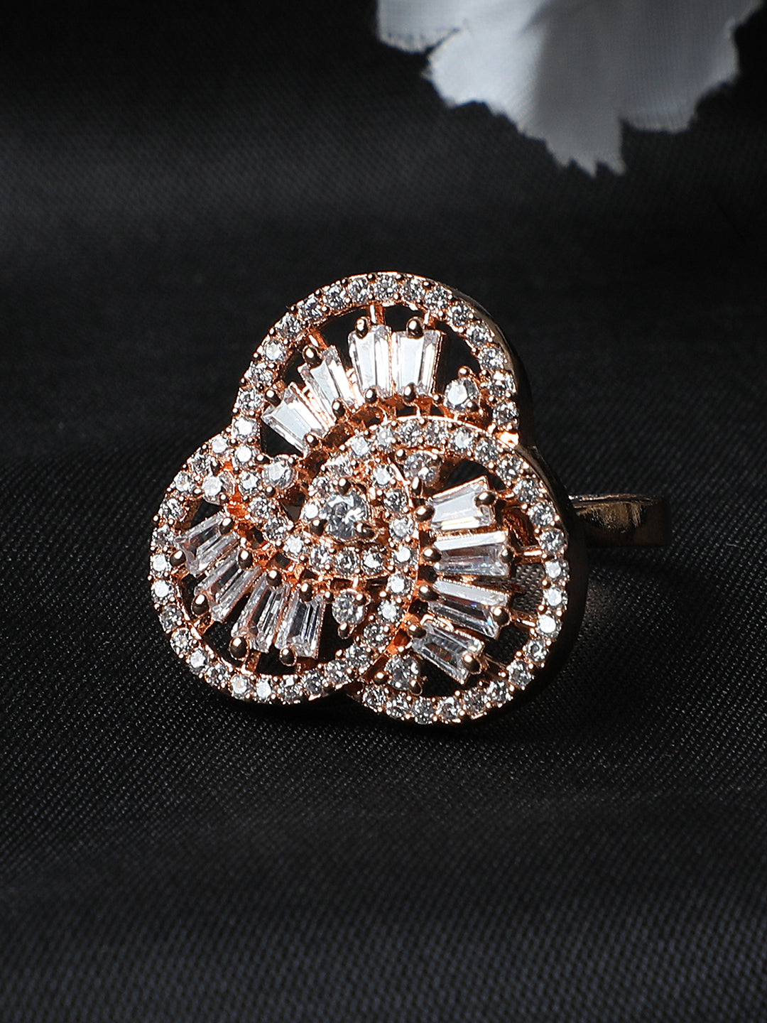Women's Rose Gold-Plated Ad Studded Circular Hand Crafted Adjustable Finger Ring