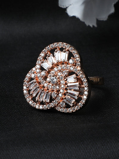 Women's Rose Gold-Plated Ad Studded Circular Hand Crafted Adjustable Finger Ring