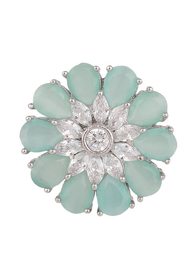 Women's Sea Green Silver-Plated Ad-Studded Hand Crafted Adjustable Finger Ring