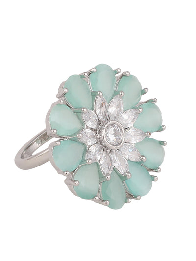 Women's Sea Green Silver-Plated Ad-Studded Hand Crafted Adjustable Finger Ring