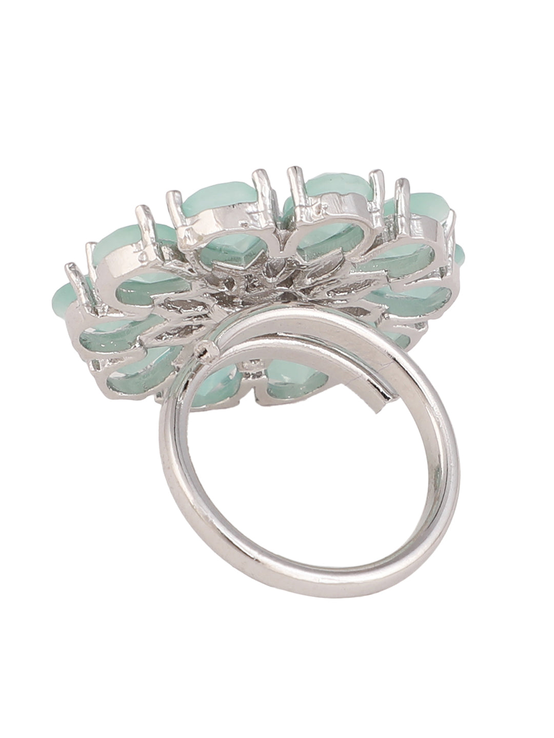 Women's Sea Green Silver-Plated Ad-Studded Hand Crafted Adjustable Finger Ring