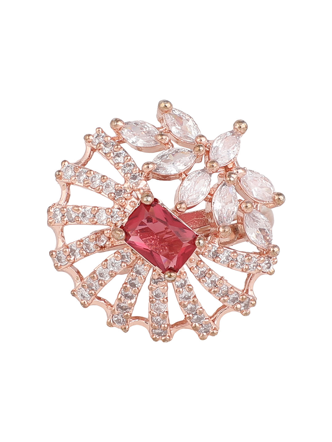 Women's Gold-Plated Red & White Ruby & Ad-Studded Adjustable Finger Ring