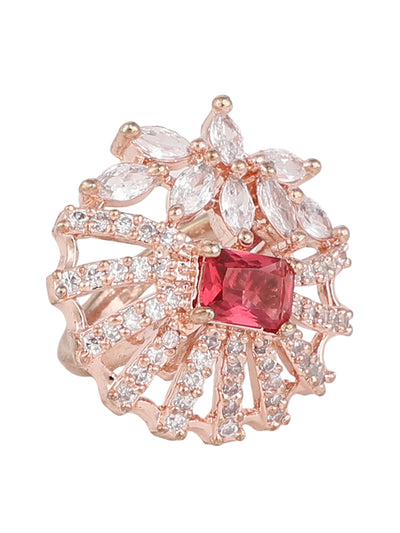 Women's Gold-Plated Red & White Ruby & Ad-Studded Adjustable Finger Ring