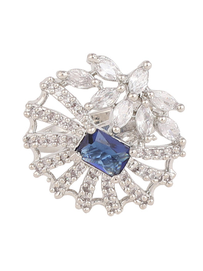 Women's Silver-Plated Blue & White Ad-Studded Hand Crafted Adjustable Finger Ring
