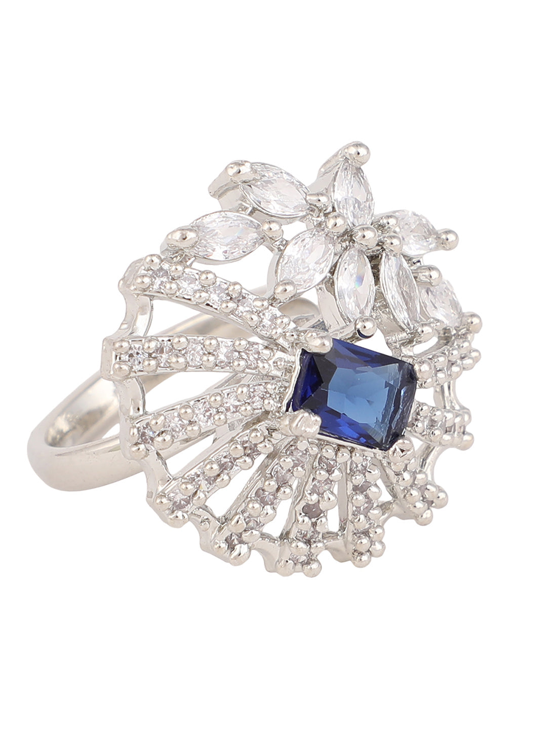Women's Silver-Plated Blue & White Ad-Studded Hand Crafted Adjustable Finger Ring