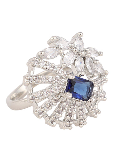 Women's Silver-Plated Blue & White Ad-Studded Hand Crafted Adjustable Finger Ring