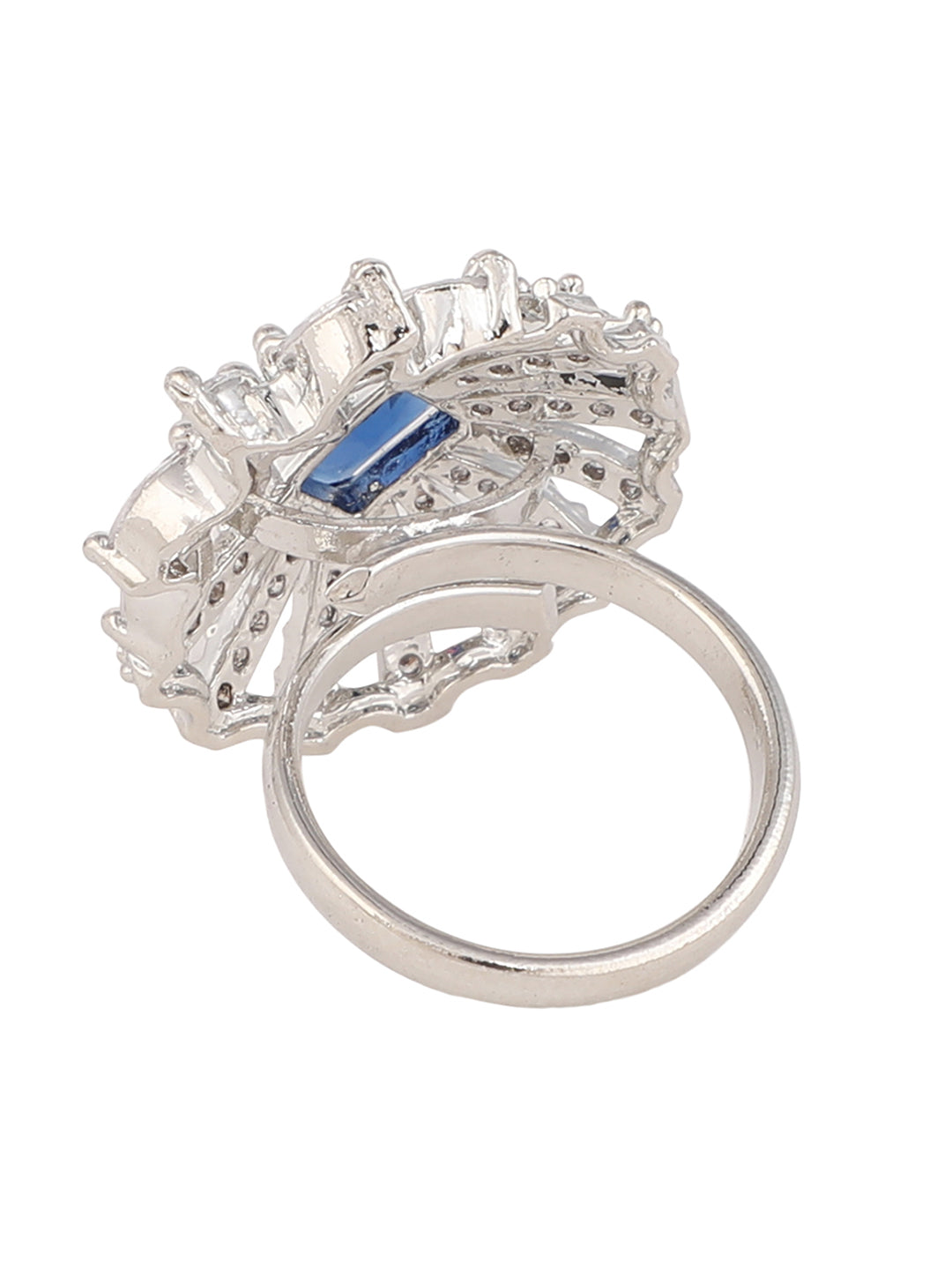 Women's Silver-Plated Blue & White Ad-Studded Hand Crafted Adjustable Finger Ring