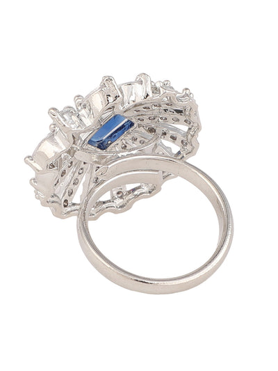 Women's Silver-Plated Blue & White Ad-Studded Hand Crafted Adjustable Finger Ring
