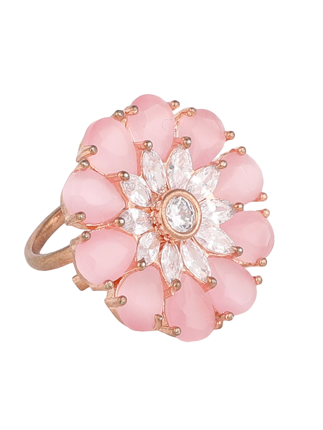 Women's Pink Gold-Plated Ad-Studded Hand Crafted Adjustable Finger Ring