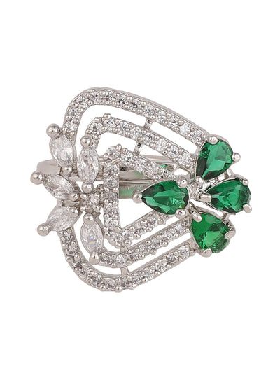 Women's Silver-Plated Green & White Ad-Studded Adjustable Finger Ring