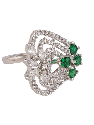 Women's Silver-Plated Green & White Ad-Studded Adjustable Finger Ring