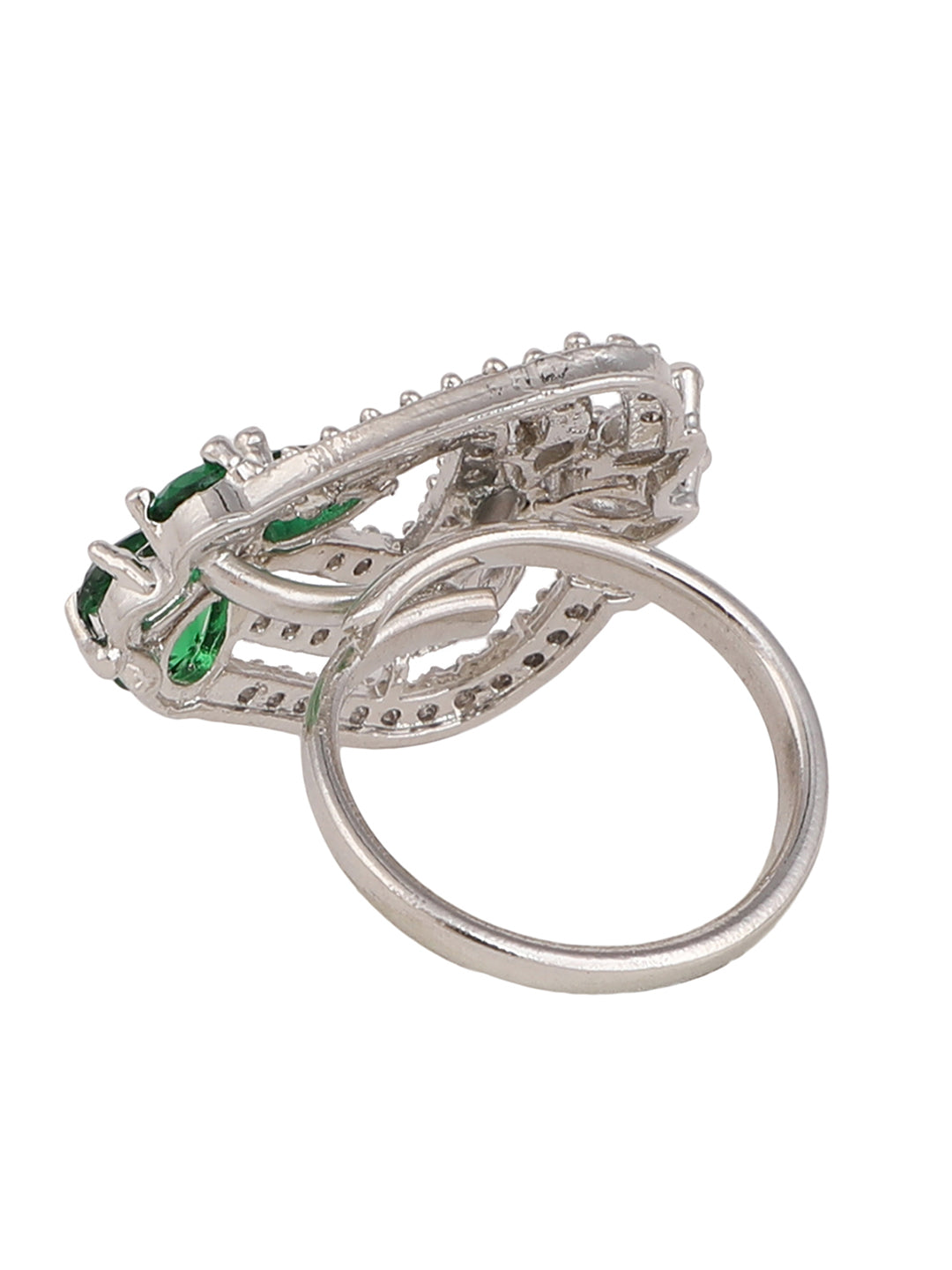 Women's Silver-Plated Green & White Ad-Studded Adjustable Finger Ring