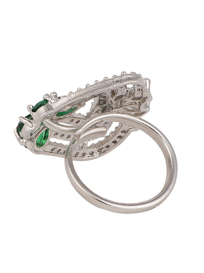Women's Silver-Plated Green & White Ad-Studded Adjustable Finger Ring