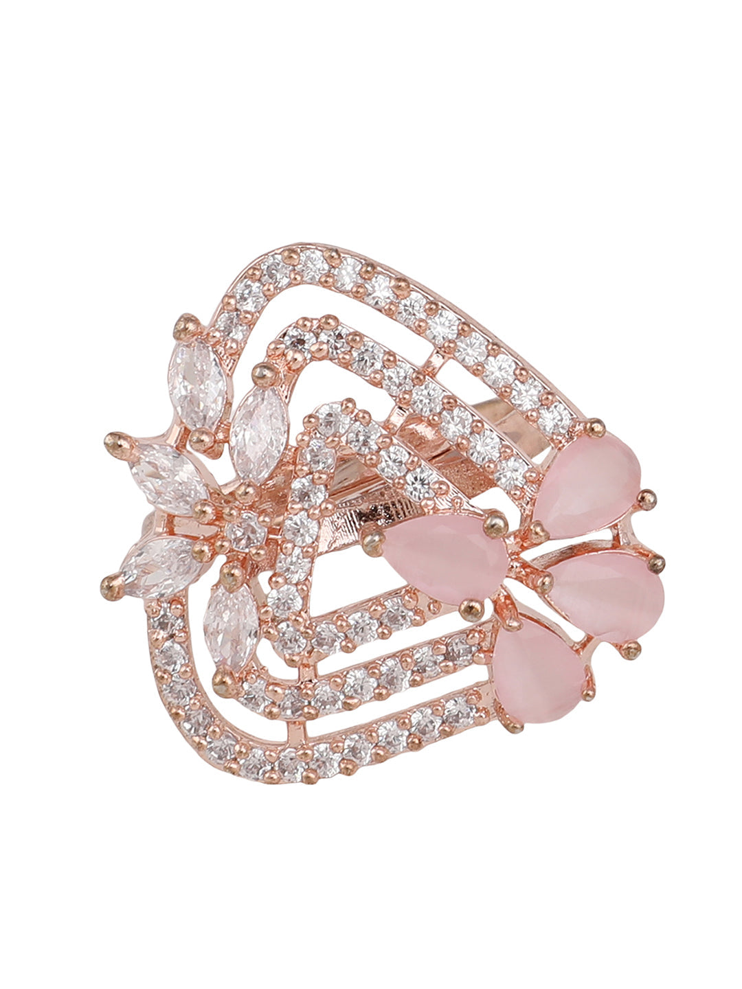 Women's Gold-Plated Pink & White Ad-Studded Adjustable Finger Ring
