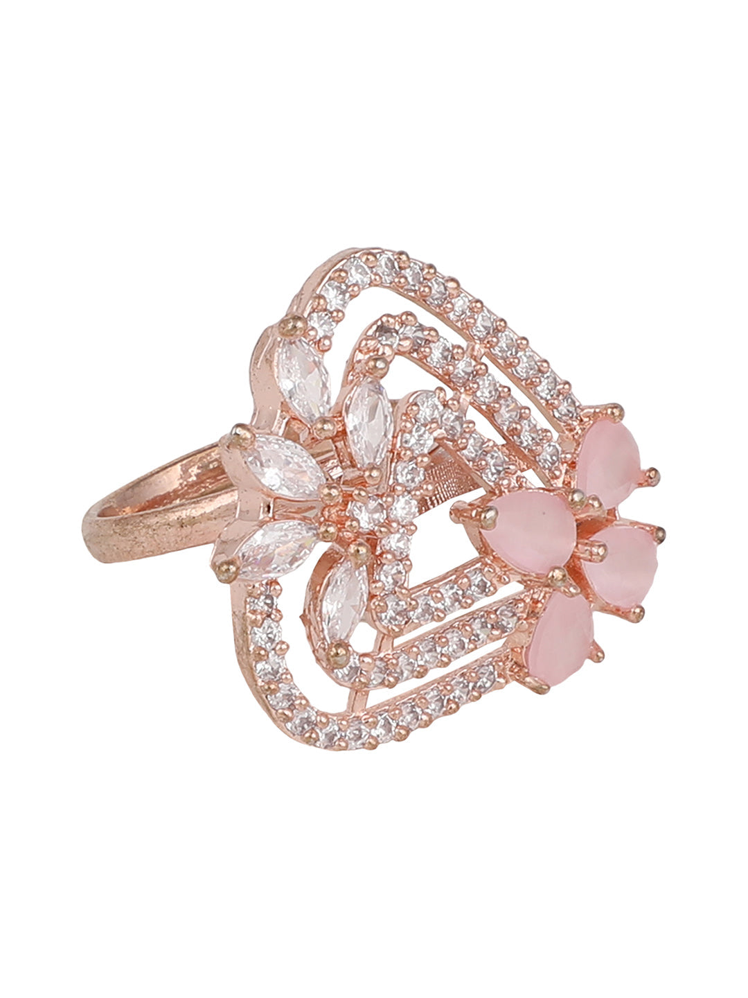 Women's Gold-Plated Pink & White Ad-Studded Adjustable Finger Ring