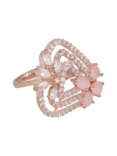 Women's Gold-Plated Pink & White Ad-Studded Adjustable Finger Ring