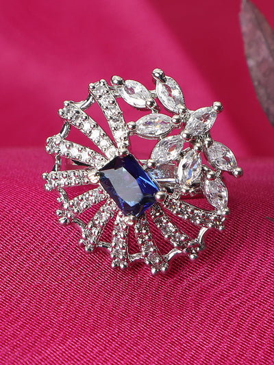 Women's Silver-Plated Blue & White Ad-Studded Hand Crafted Adjustable Finger Ring