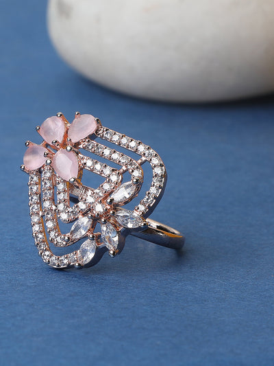 Women's Gold-Plated Pink & White Ad-Studded Adjustable Finger Ring