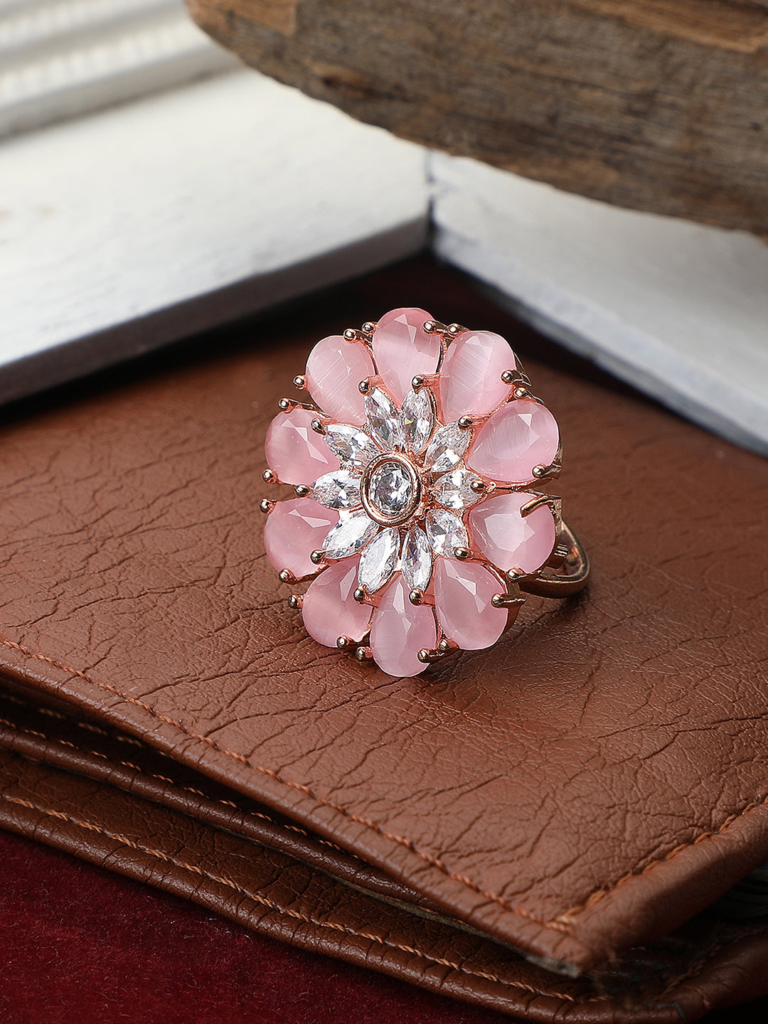 Women's Pink Gold-Plated Ad-Studded Hand Crafted Adjustable Finger Ring