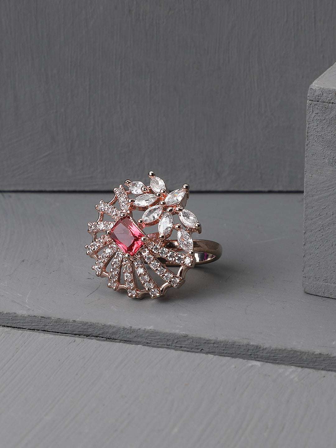 Women's Gold-Plated Red & White Ruby & Ad-Studded Adjustable Finger Ring