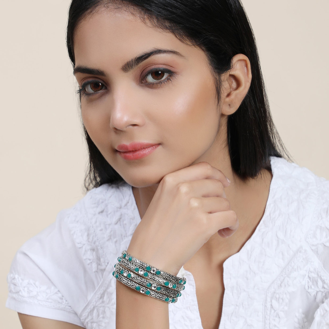 Women's Set Of 4 Oxidised Silver-Plated Pink Ruby Studded Hand Crafted Bangles