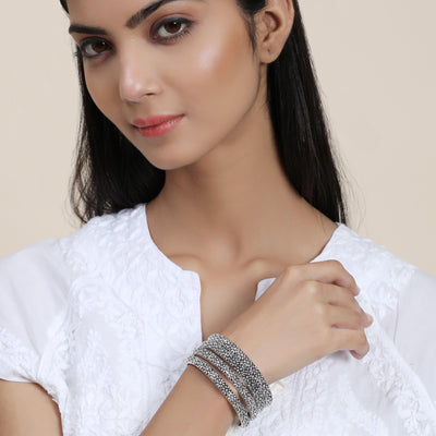 Women's Set Of 4 Oxidised Silver-Plated Hand Crafted Bangles