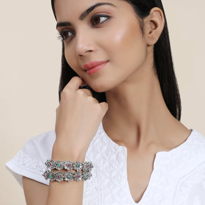 Women's Set Of 2 Silver-Toned Pink& Green Oxidised Stone Studded Bangles
