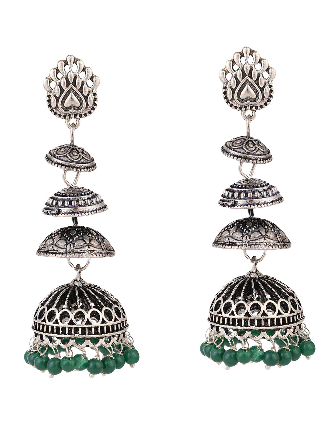 Women's Designer Silver Tone Oxidised Green Bead Jhumka Earring