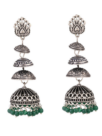 Women's Designer Silver Tone Oxidised Green Bead Jhumka Earring