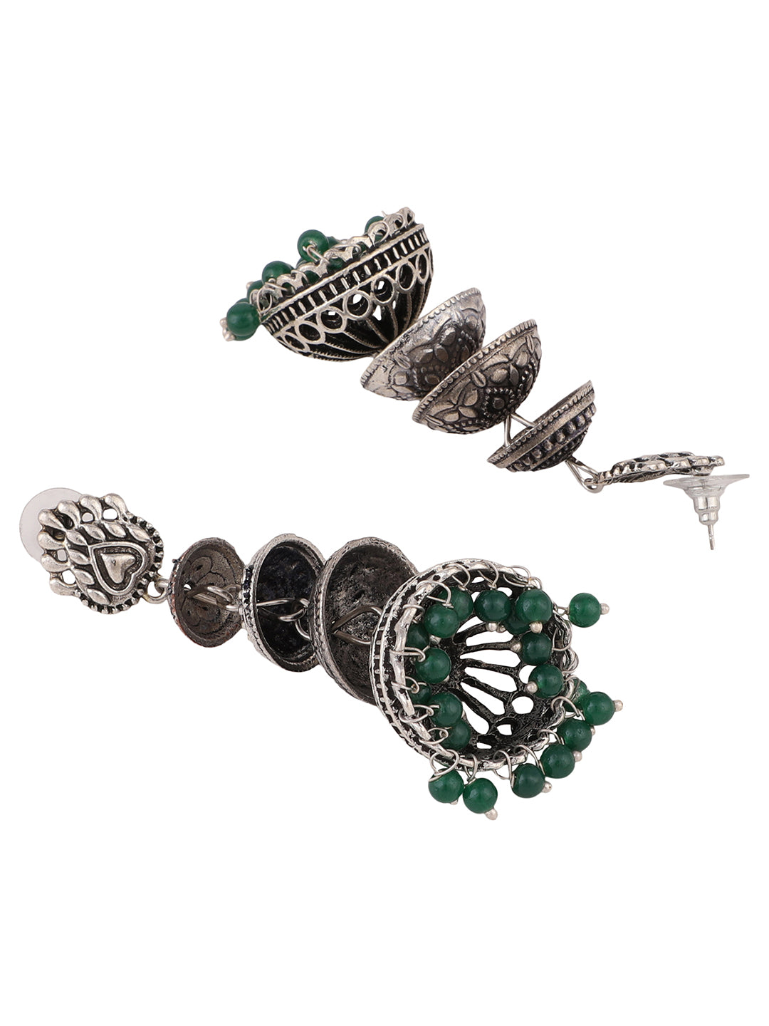 Women's Designer Silver Tone Oxidised Green Bead Jhumka Earring