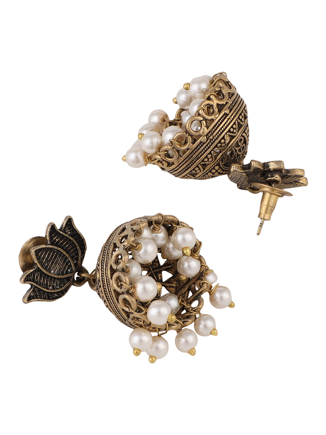 Women's Golden Oxidided Lotus Shape Pearl Jhumka Earring