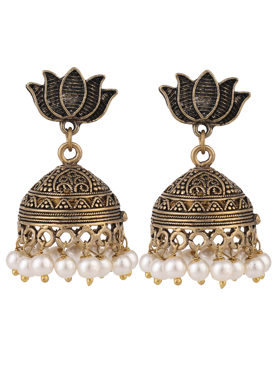 Women's Golden Oxidided Lotus Shape Pearl Jhumka Earring