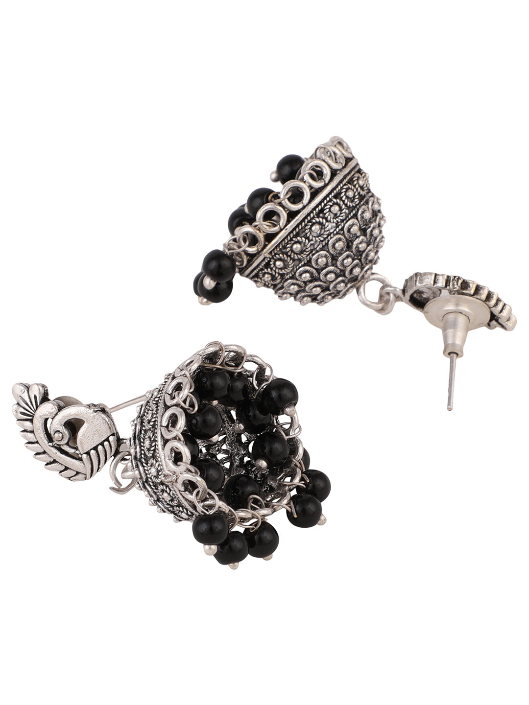 Women's Oxidised Silver Stylish Peacock Shaped Black Pearl Jhumka