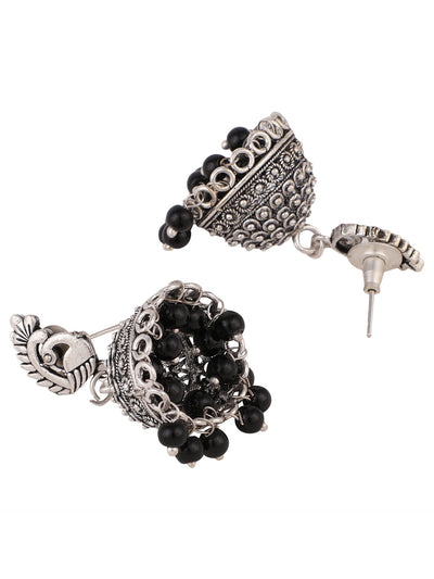 Women's Oxidised Silver Stylish Peacock Shaped Black Pearl Jhumka