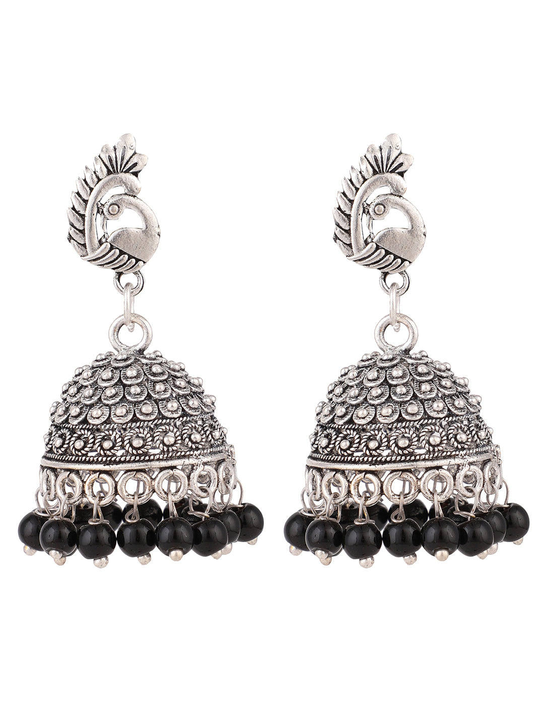 Women's Oxidised Silver Stylish Peacock Shaped Black Pearl Jhumka