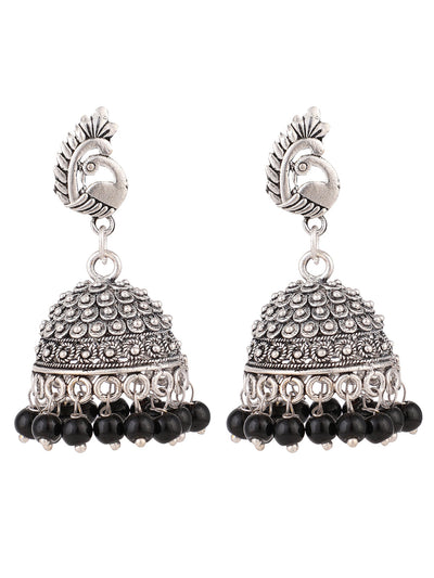 Women's Oxidised Silver Stylish Peacock Shaped Black Pearl Jhumka